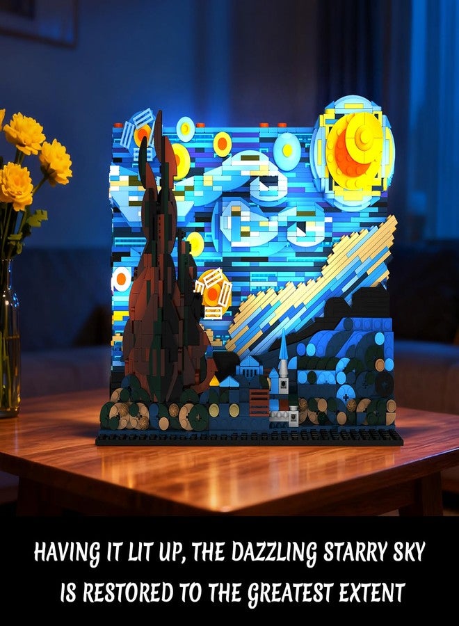 CUBIMANA مجموعة بناء "ليلة النجوم" من كيوبيمانا مع إضاءة LED - 1501 قطعة، قطع بناء صغيرة 3.6 مم، مستوحاة من لوحات فنية شهيرة، مشاريع معمارية، ديكور منزلي، هدية عيد الحب للرجال والنساء - Image 2